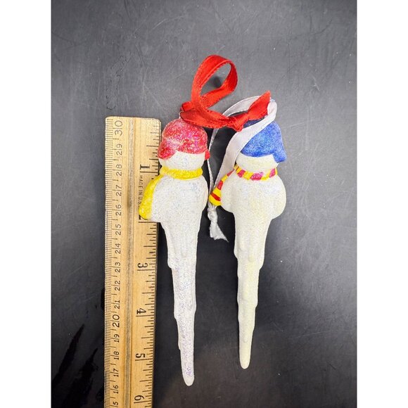 Vintage Set of 2 Snowman Icicle Ornaments With Glitter & Red/Blue Hats 5.5” - Picture 4 of 4